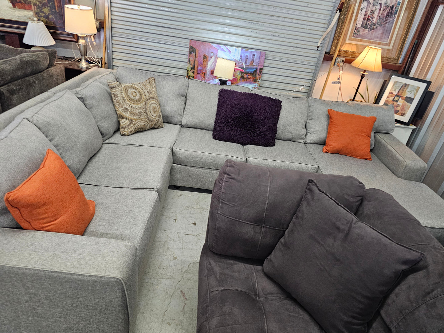 Gray U-Shaped Ashley Furniture Sectional Couch with Chaise - D82
