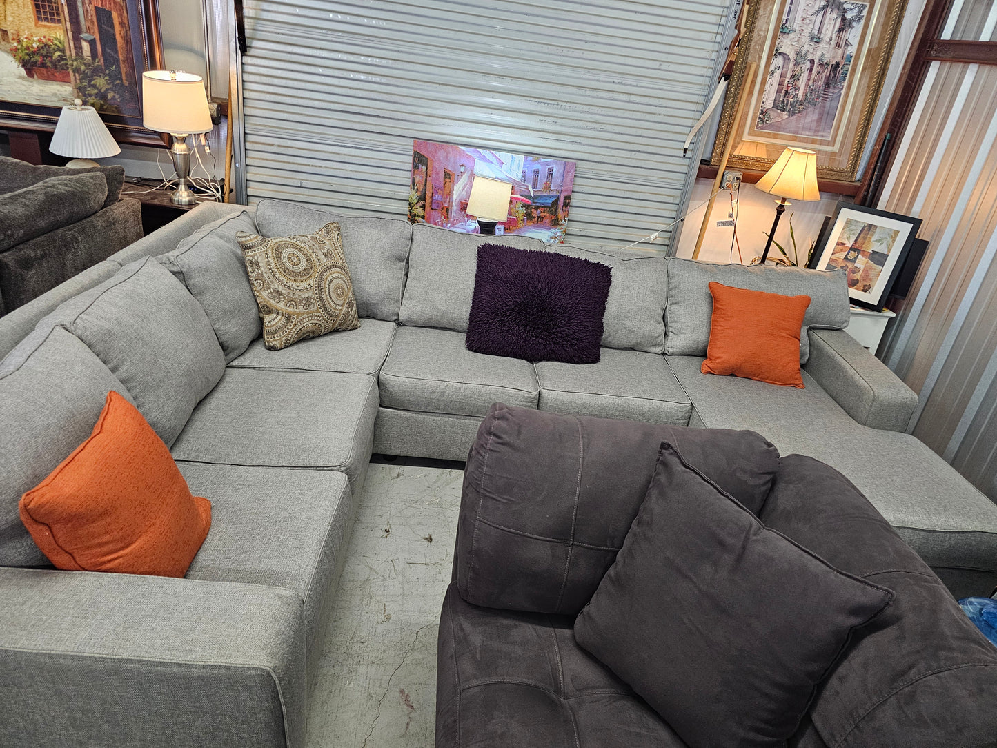 Gray U-Shaped Ashley Furniture Sectional Couch with Chaise - D82