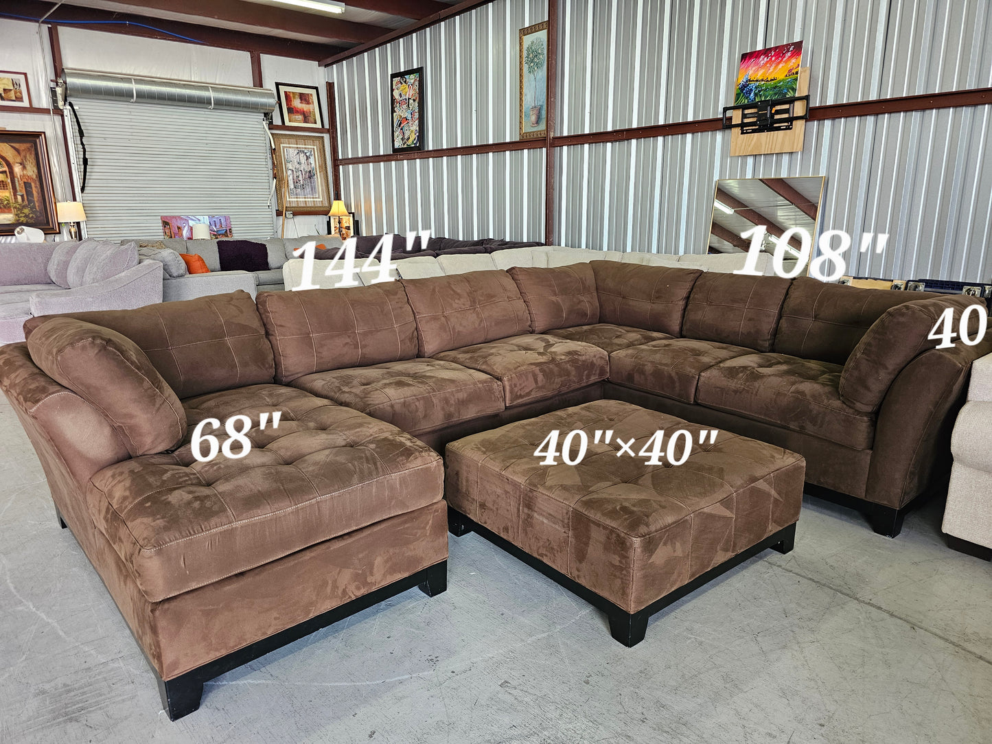 Large Brown Cindy Crawford U-Shaped Sectional with Ottoman - D94