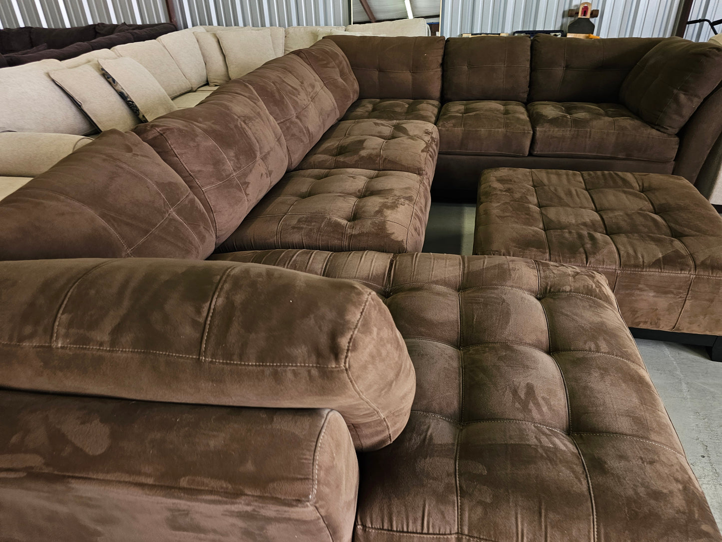Large Brown Cindy Crawford U-Shaped Sectional with Ottoman - D94