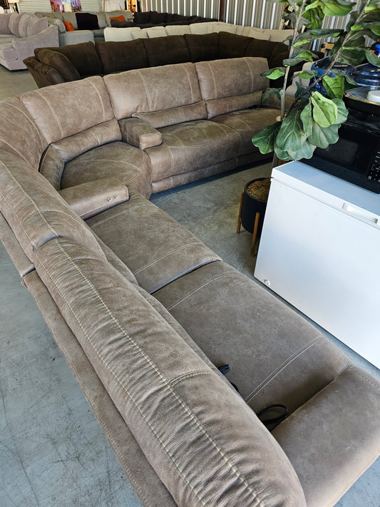 Power Reclining Tan Sectional with 4 Large Recliners & Corner Seat - D96
