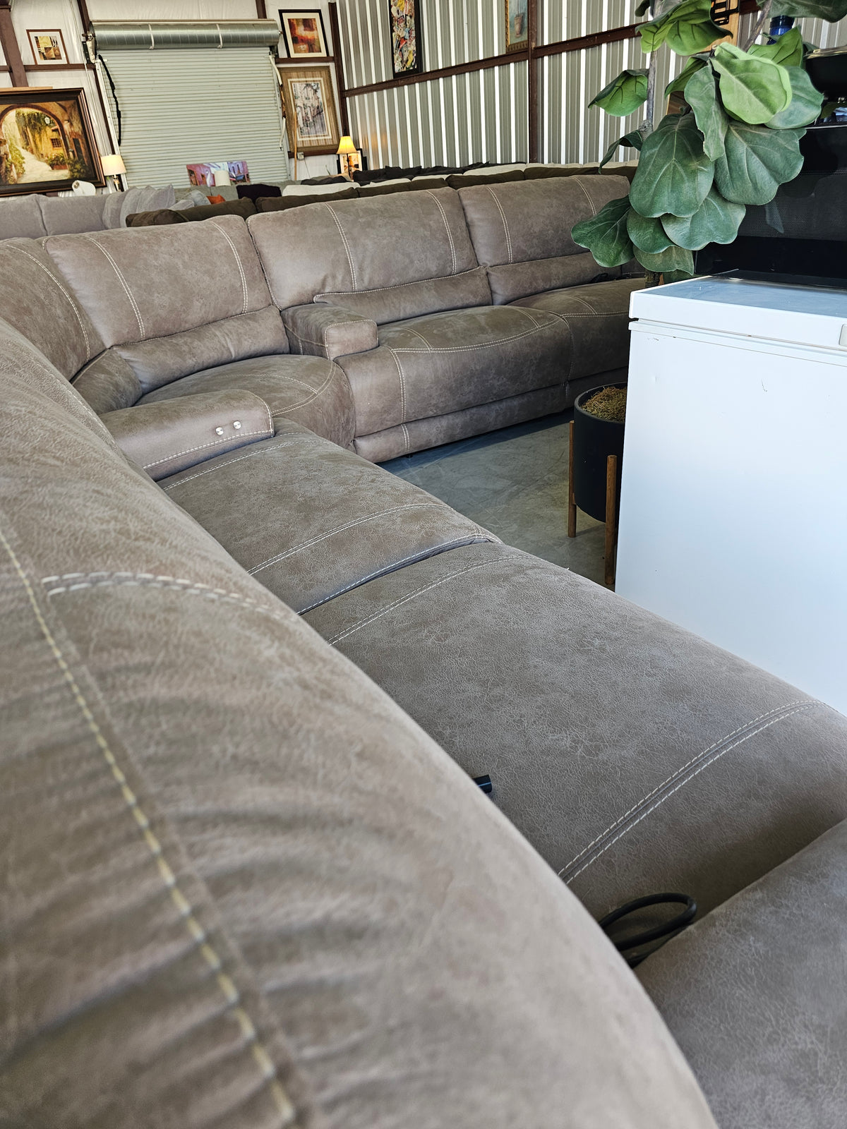 Power Reclining Tan Sectional with 4 Large Recliners & Corner Seat - D96
