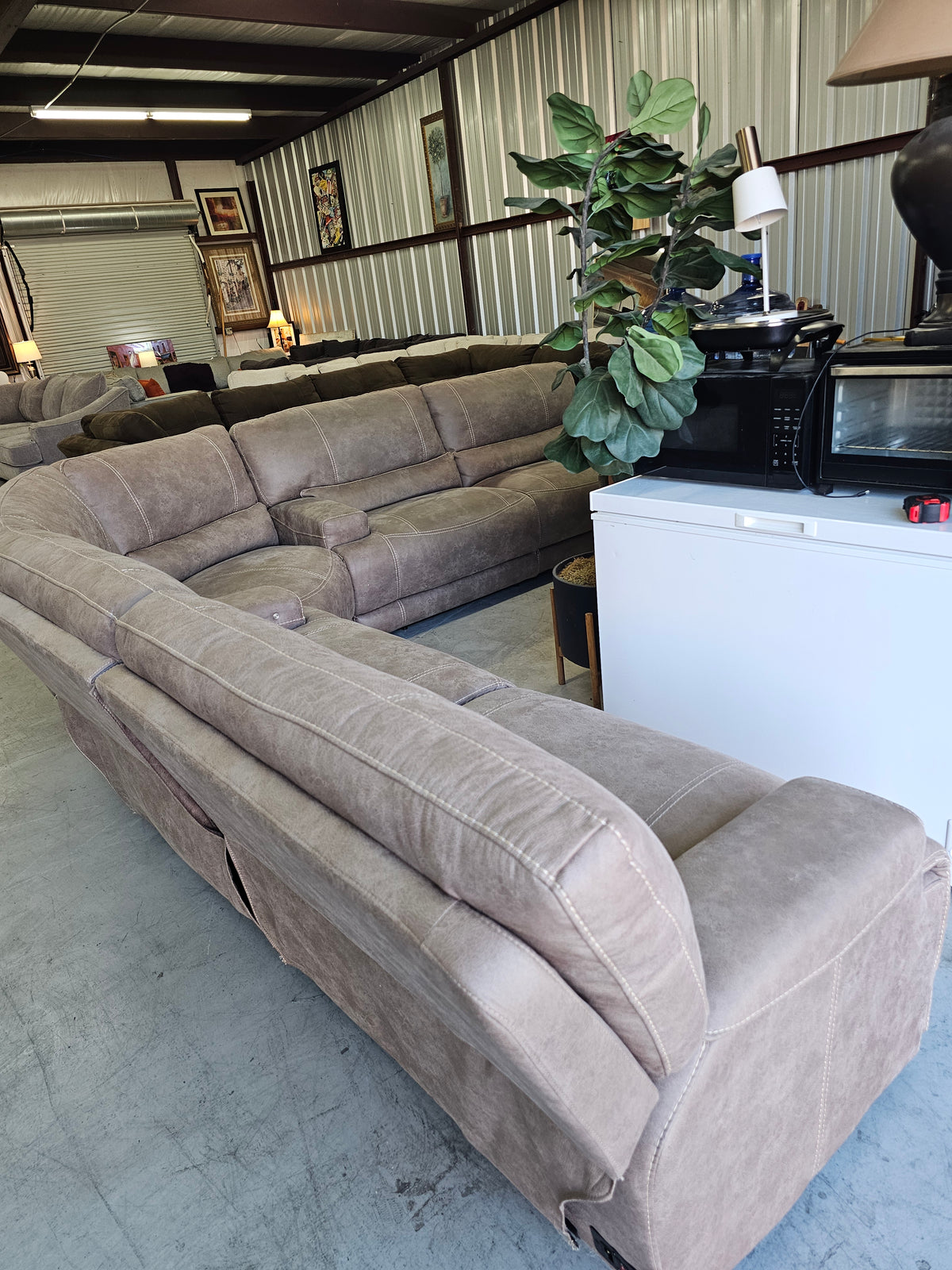 Power Reclining Tan Sectional with 4 Large Recliners & Corner Seat - D96