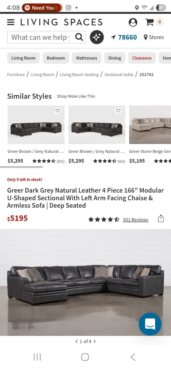 Greer Dark Grey Natural Leather 4 Piece 166" Modular U-Shaped Sectional With Left Arm Facing Chaise & Armless Sofa | Deep Seated.. 🚛 GET IT DELIVERED TODAY! 🚚