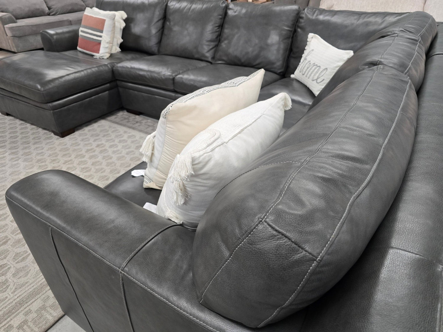 Greer Dark Grey Natural Leather 4 Piece 166" Modular U-Shaped Sectional With Left Arm Facing Chaise & Armless Sofa | Deep Seated.. 🚛 GET IT DELIVERED TODAY! 🚚