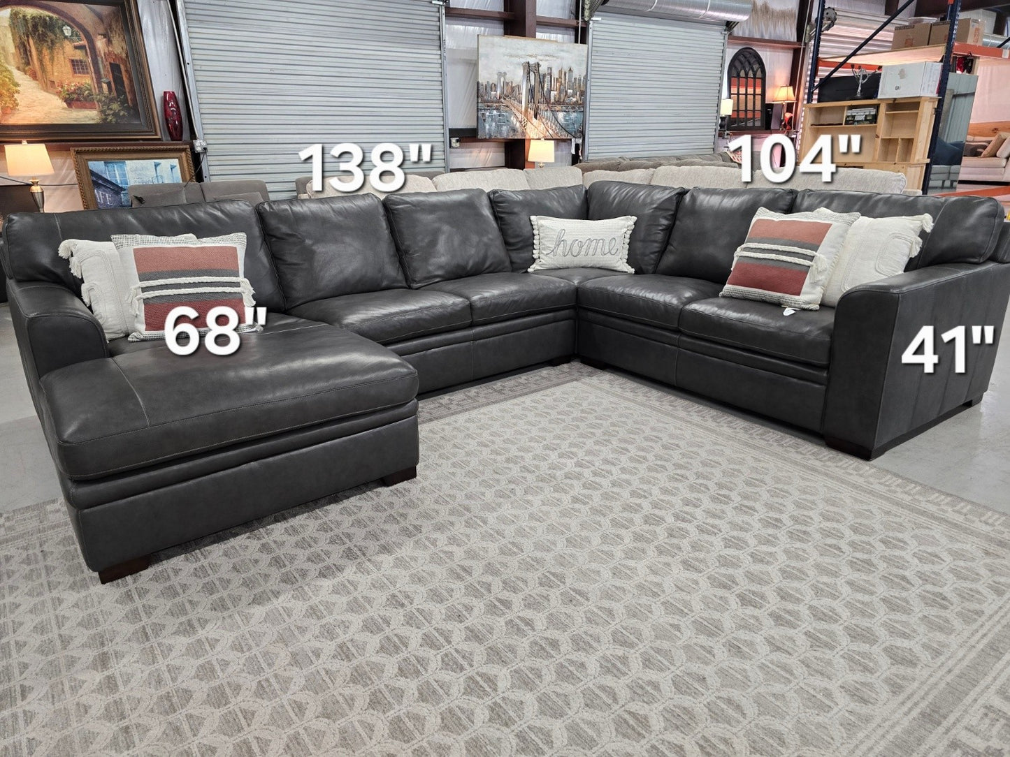 Greer Dark Grey Natural Leather 4 Piece 166" Modular U-Shaped Sectional With Left Arm Facing Chaise & Armless Sofa | Deep Seated.. 🚛 GET IT DELIVERED TODAY! 🚚