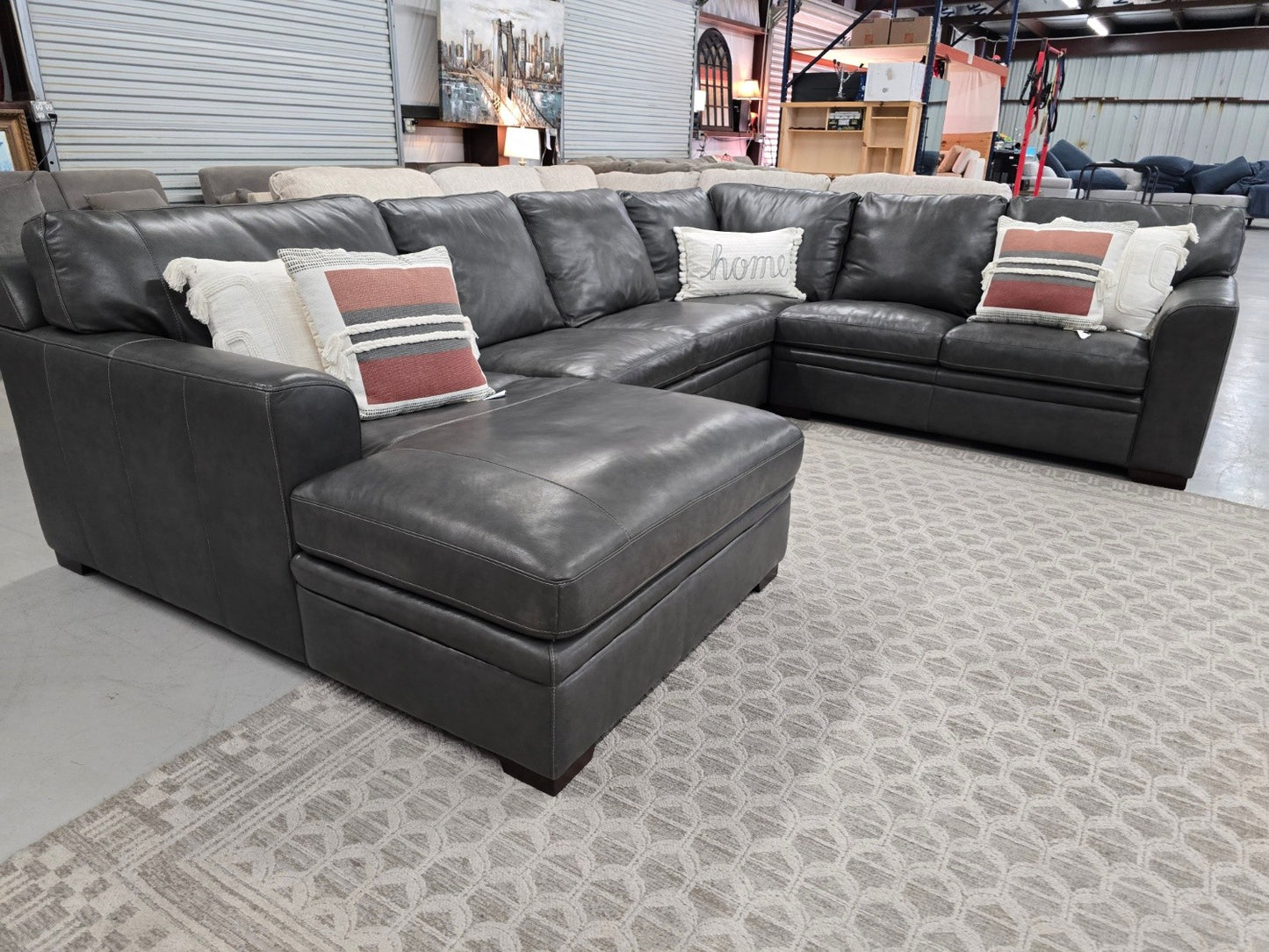 Greer Dark Grey Natural Leather 4 Piece 166" Modular U-Shaped Sectional With Left Arm Facing Chaise & Armless Sofa | Deep Seated.. 🚛 GET IT DELIVERED TODAY! 🚚