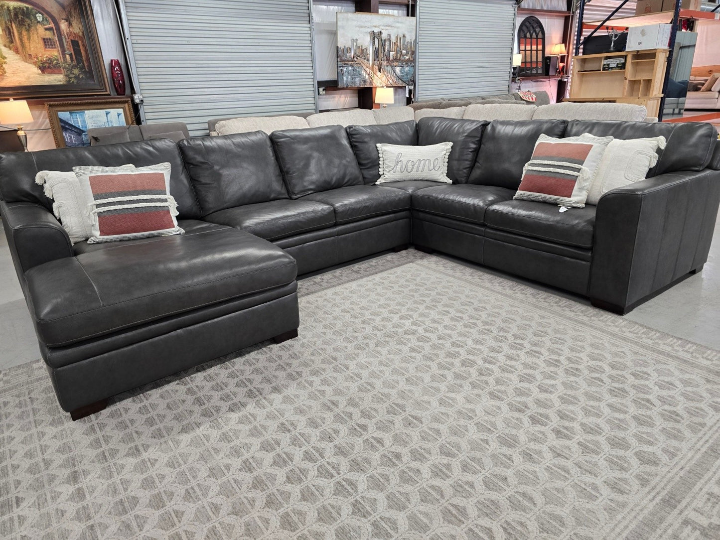 Greer Dark Grey Natural Leather 4 Piece 166" Modular U-Shaped Sectional With Left Arm Facing Chaise & Armless Sofa | Deep Seated.. 🚛 GET IT DELIVERED TODAY! 🚚