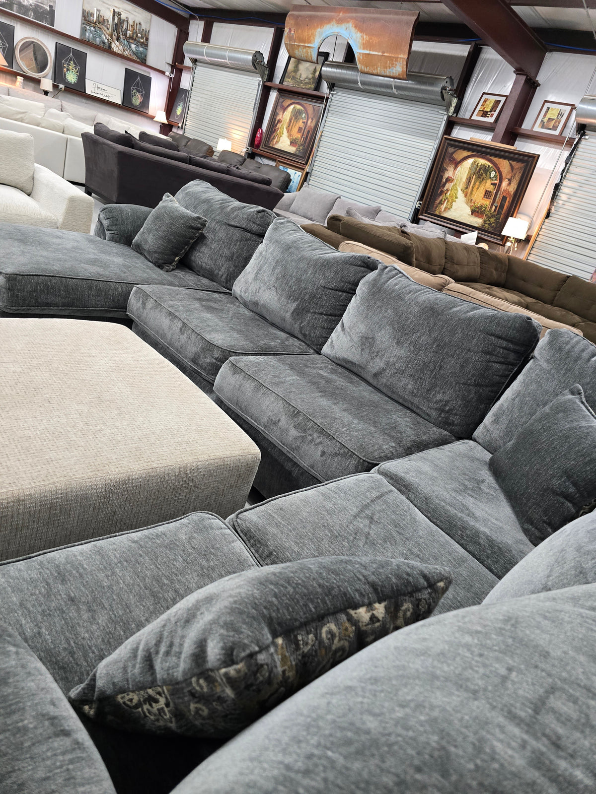 Cozy Gray U-Shaped Sectional Couch with Beige Ottoman - D103